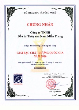 CHỨNG NHẬN GIẢI BẠC CHẤT LƯỢNG QUỐC GIA NĂM 2016